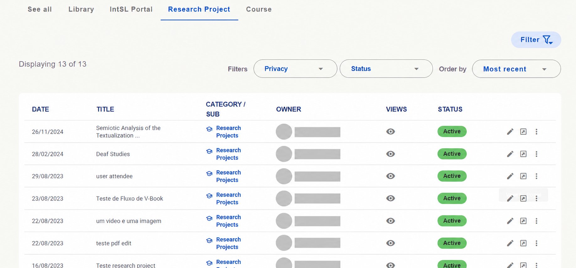 Research Project resource list. Identifying details hidden.