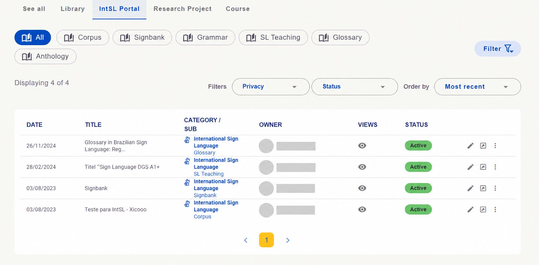 IntSL Portal category and its subcategories. Identifying details hidden.
