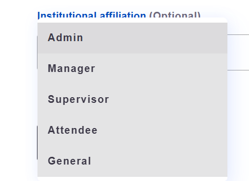 Liste mit Admin, Manager, Supervisor, Attendee und General.