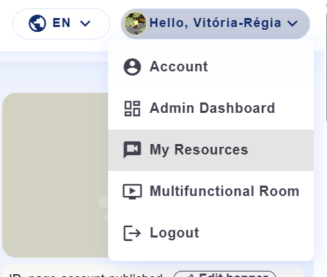 Menu da conta aberto, com a opção My Resources em destaque.
