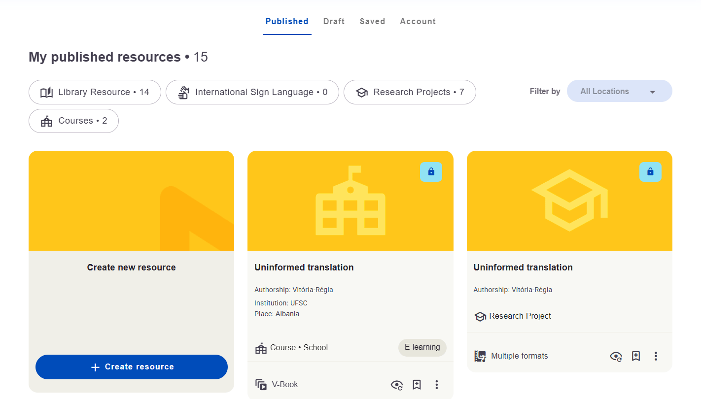 Aba Published com categorias, filtro de localização e cartões de recursos publicados.