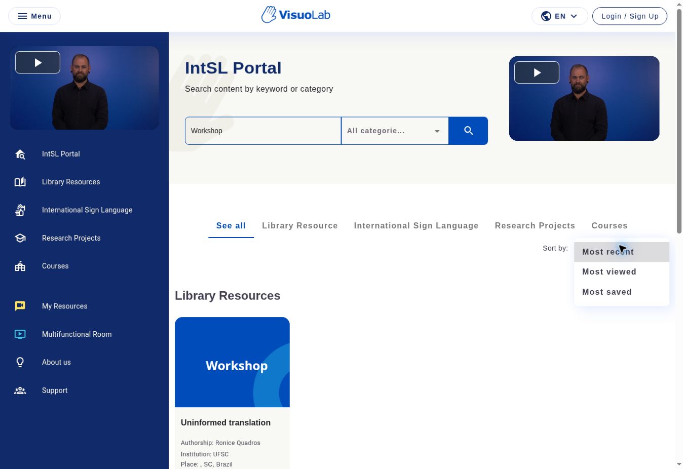 Search results with the Sort by menu open, showing Most recent, Most viewed and Most saved.