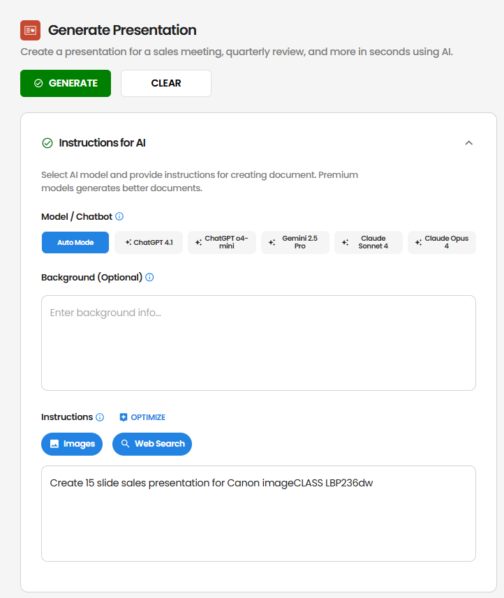 Presentation Instructions Interface