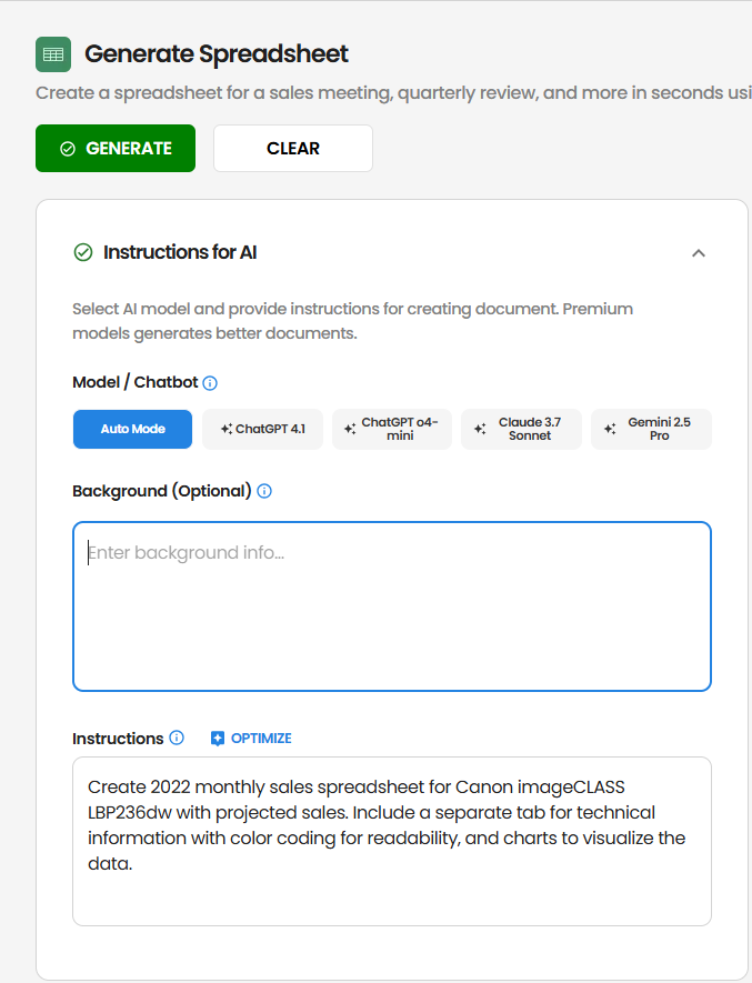 Spreadsheet Instructions Interface