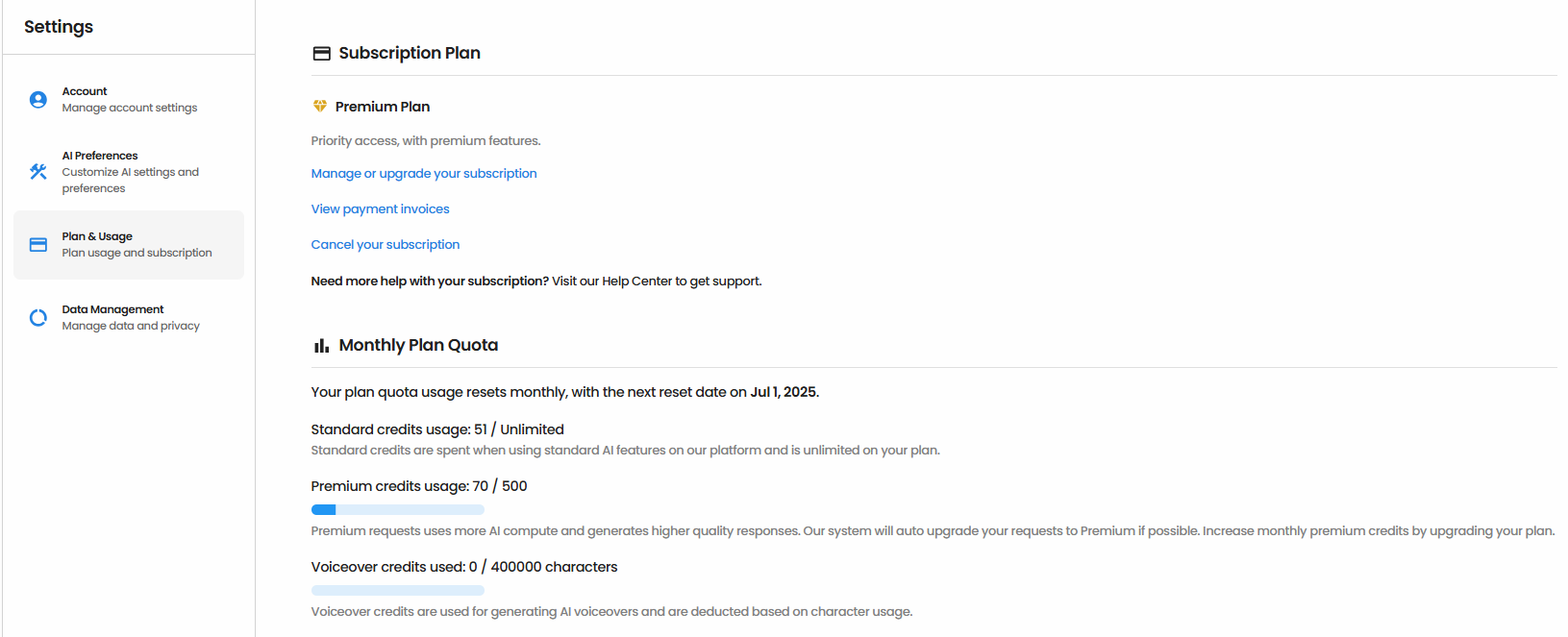 Premium Credit Usage Settings