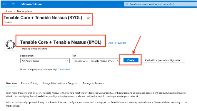 Azure Create Tenable Core