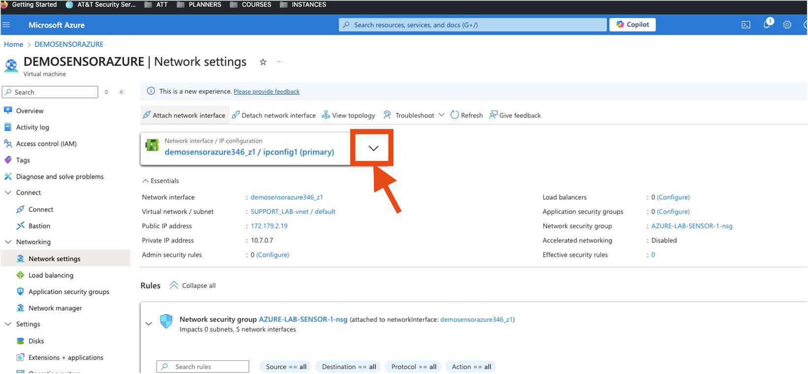 Azure Sensor Select Network Interface Pn