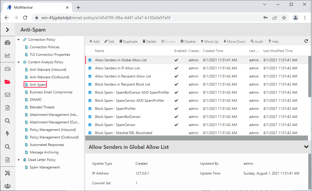 Anti-Spam policy group rules in the Management Console