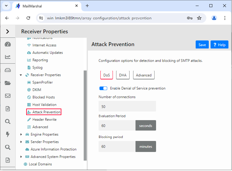 Attack Prevention DoS tab