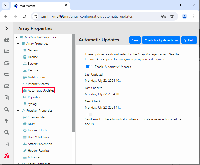 Automatic Updates settings in Array Properties
