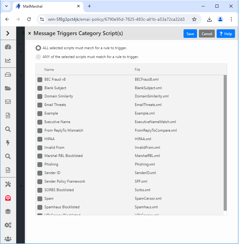 Message Triggers Category Script(s) rule condition panel