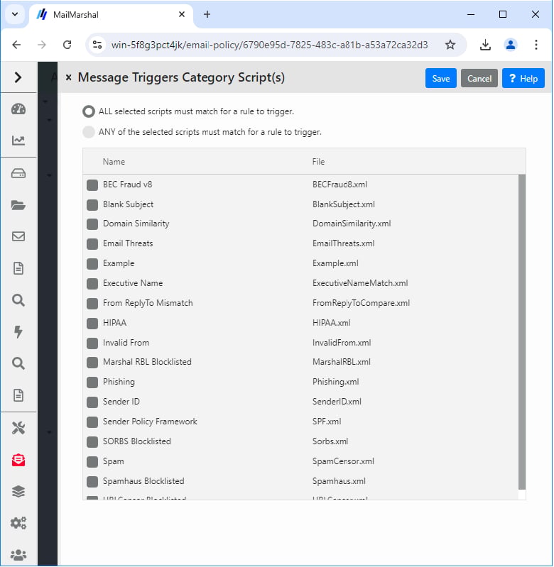 Message Triggers Category Script(s) rule condition panel