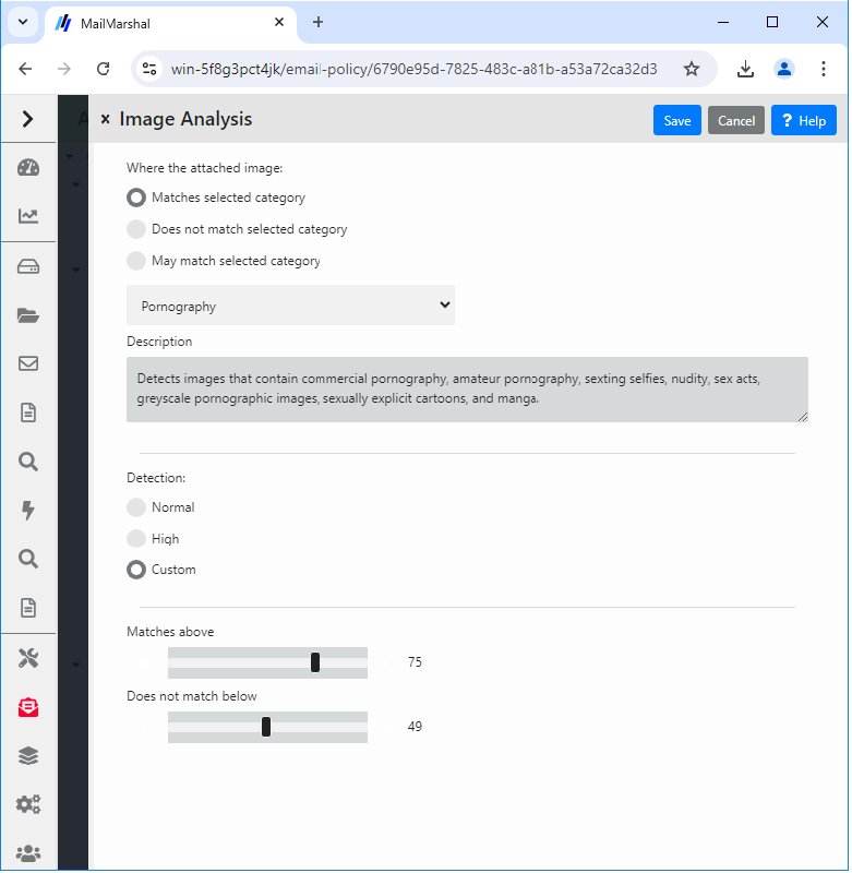 Image Analysis rule condition panel