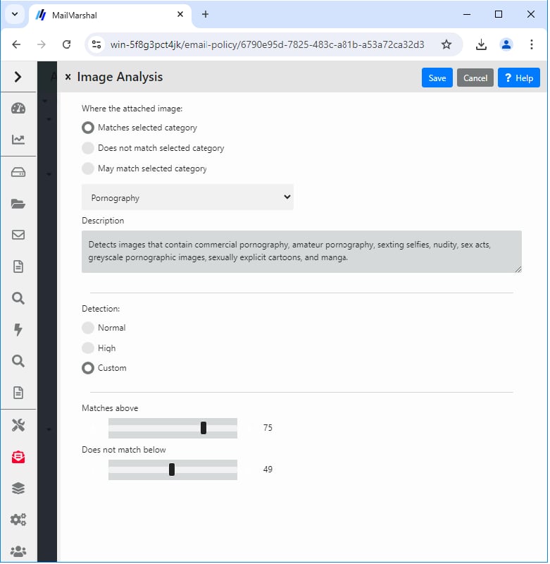 Image Analysis rule condition panel