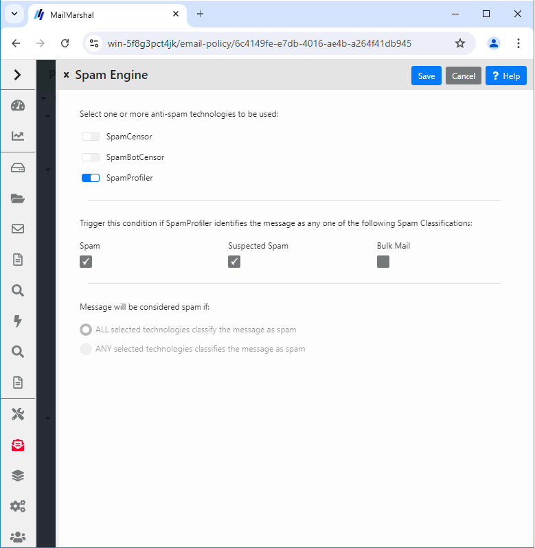 Spam Engine rule condition panel