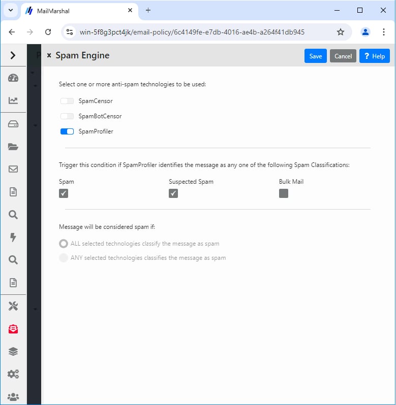 Spam Engine rule condition panel