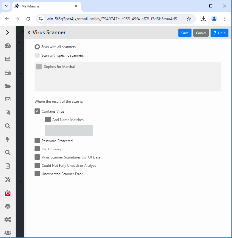 Virus Scanner rule condition panel