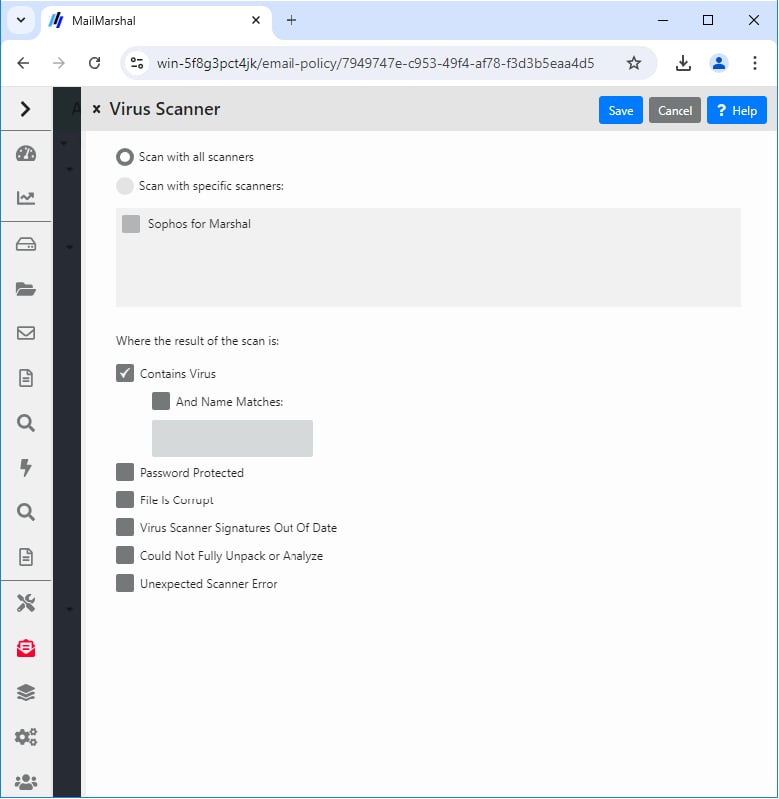 Virus Scanner rule condition panel