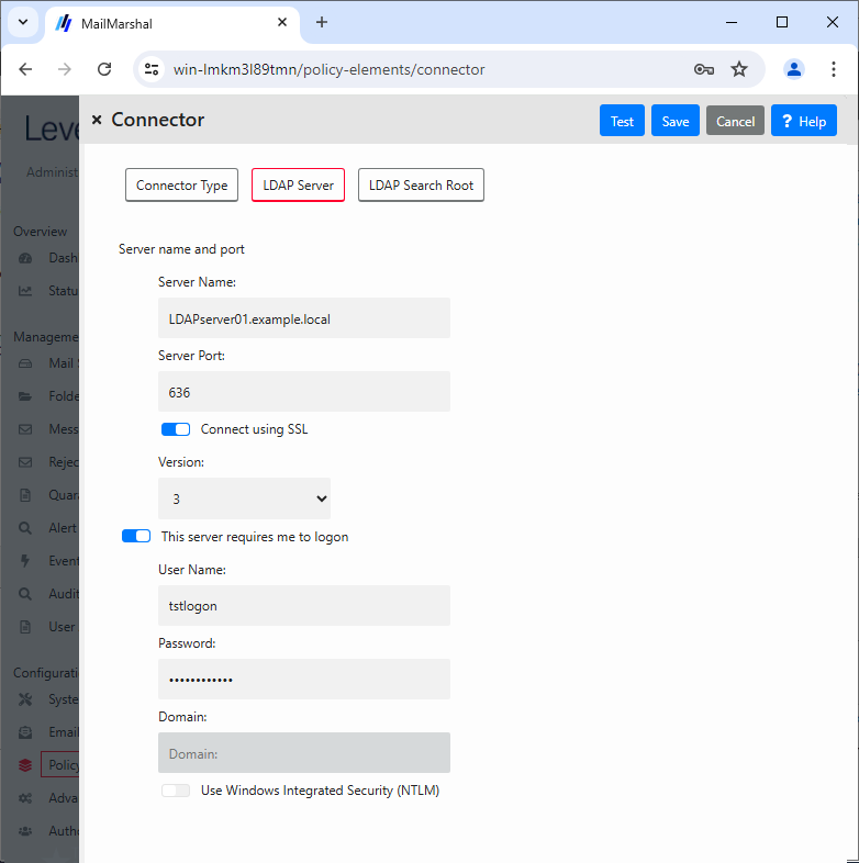 Connector LDAP Server tab with server name, port, SSL, and logon settings