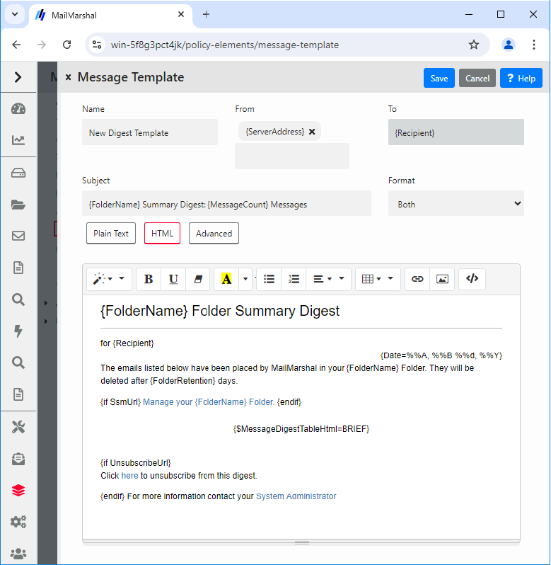 Message Template window showing a new digest template with HTML body