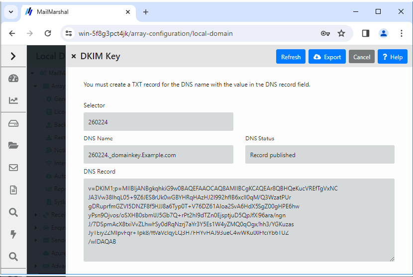 DKIM Key window showing the selector, DNS name, publish status, and DNS record text