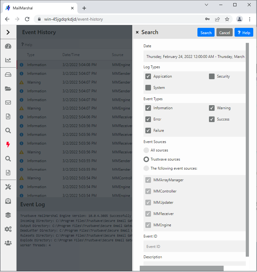 Figure 17: Event log search window