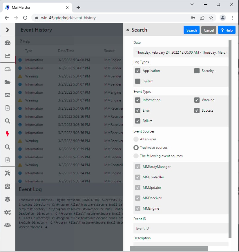Figure 17: Event log search window