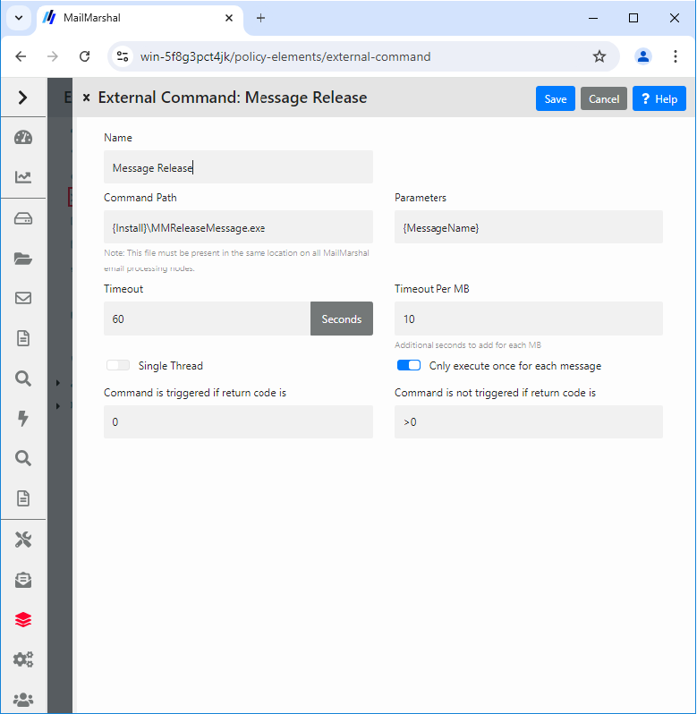External Command window for the Message Release command