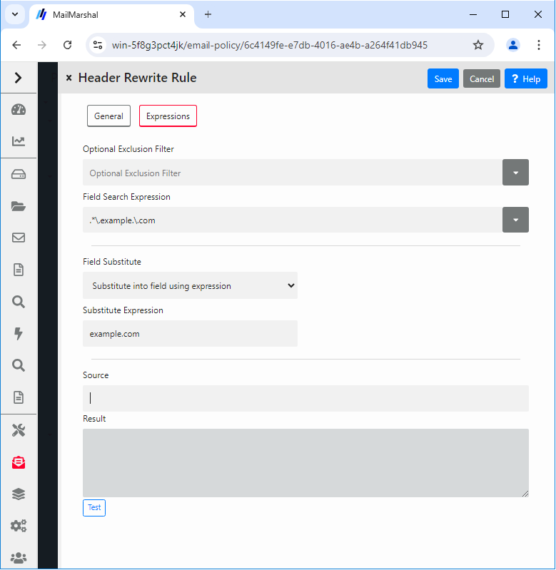 Header Rewrite Rule Expressions tab with search expression, substitution, and test fields