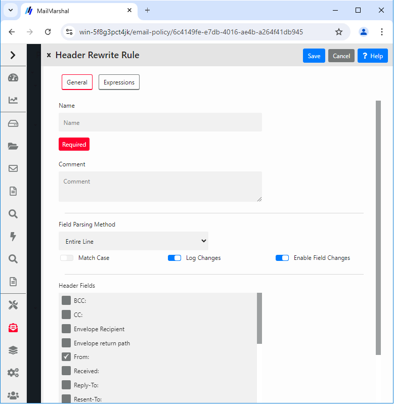 Header Rewrite Rule General tab with parsing method and header fields