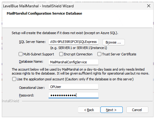 MailMarshal Configuration Service Database window with SQL Server name, database name, and operational user fields