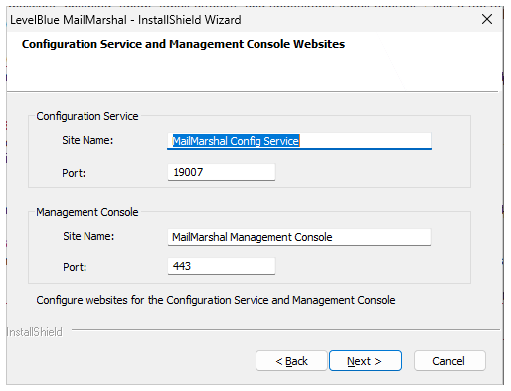 Configuration Service and Management Console Websites window showing default site names and ports