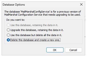 Database Options dialog offering to upgrade, reuse, or re-create an existing database