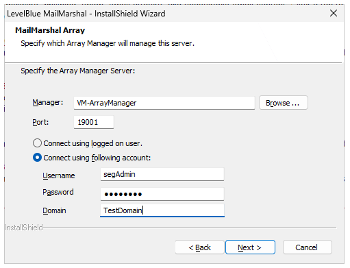MailMarshal Array window with Array Manager name, port 19001, and account credentials
