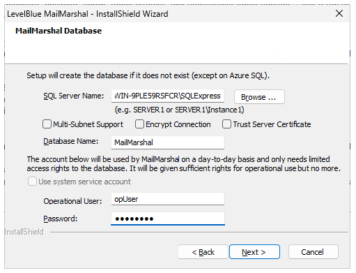 MailMarshal Database window with SQL Server name, database name, and operational user fields