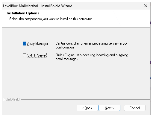 Installation Options window with Array Manager selected and SMTP Server cleared