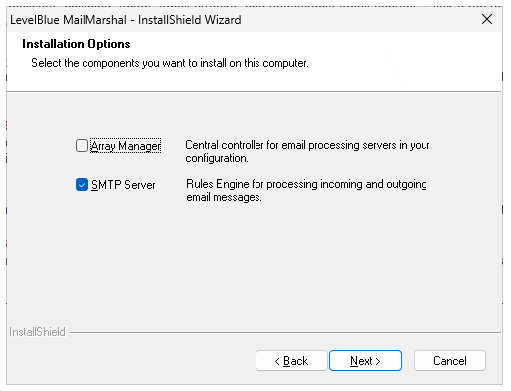 Installation Options window with SMTP Server selected and Array Manager cleared