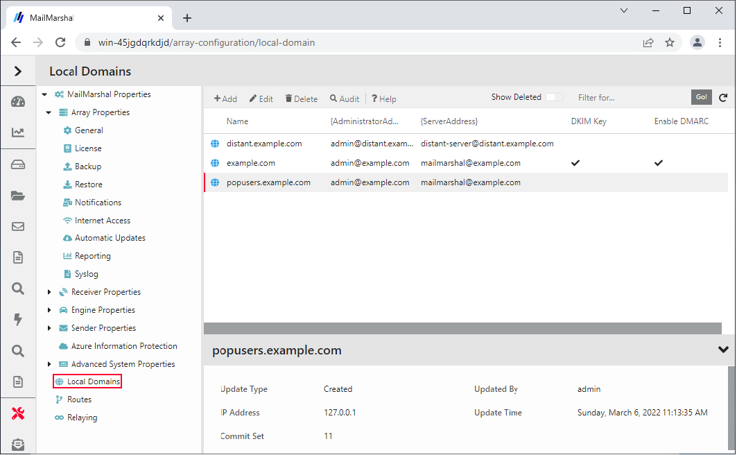 Local Domains window listing configured domains with administrator and server addresses