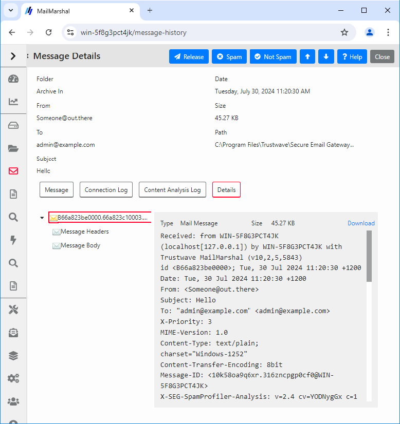 Message Details panel with the Details tab selected, showing the message tree and headers
