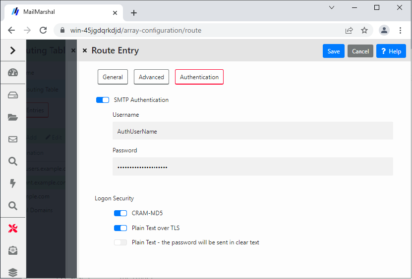 Route Entry Authentication tab with SMTP authentication credentials and logon security options