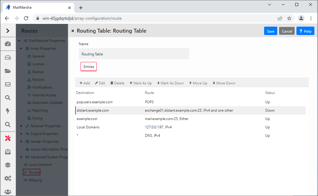 Routing Table window listing destinations, routes, and status