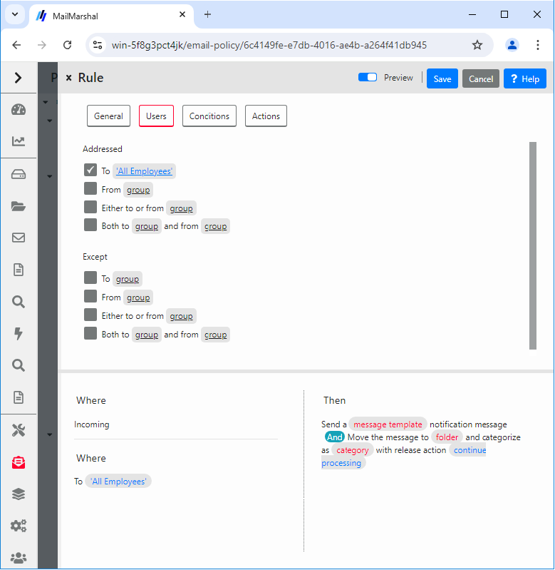Rule panel showing the Users tab with User Matching conditions