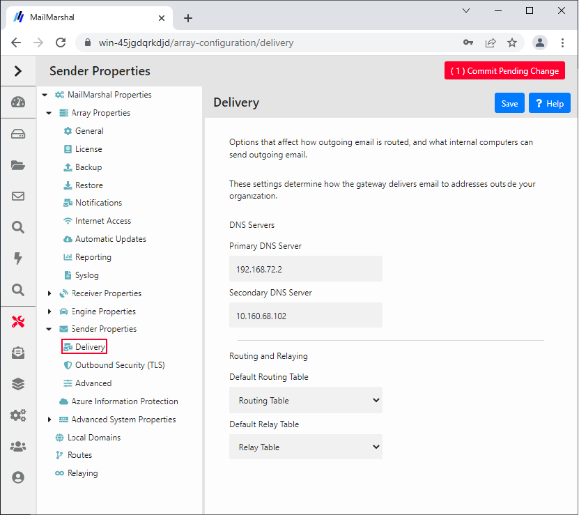 Sender Properties Delivery page with DNS servers and default routing and relay tables