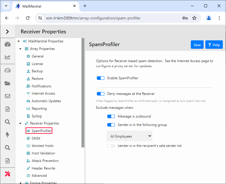 SpamProfiler settings in Receiver Properties