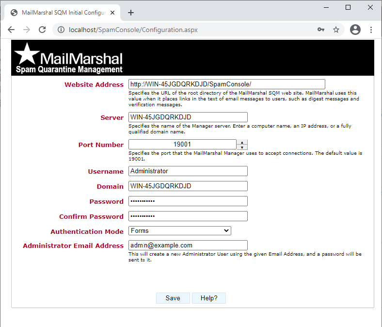 Spam Quarantine Management initial configuration page with website address, server, and authentication settings