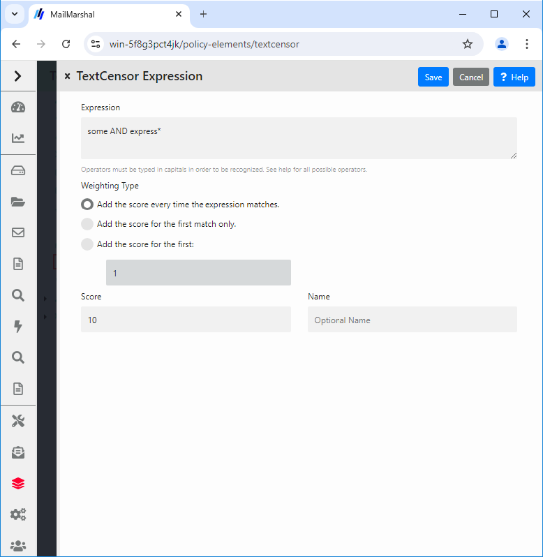 TextCensor Expression window with expression, weighting type, and score