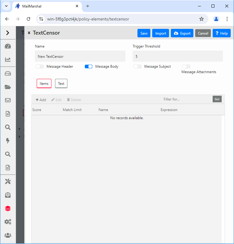 TextCensor Script window with name, trigger threshold, and message part options