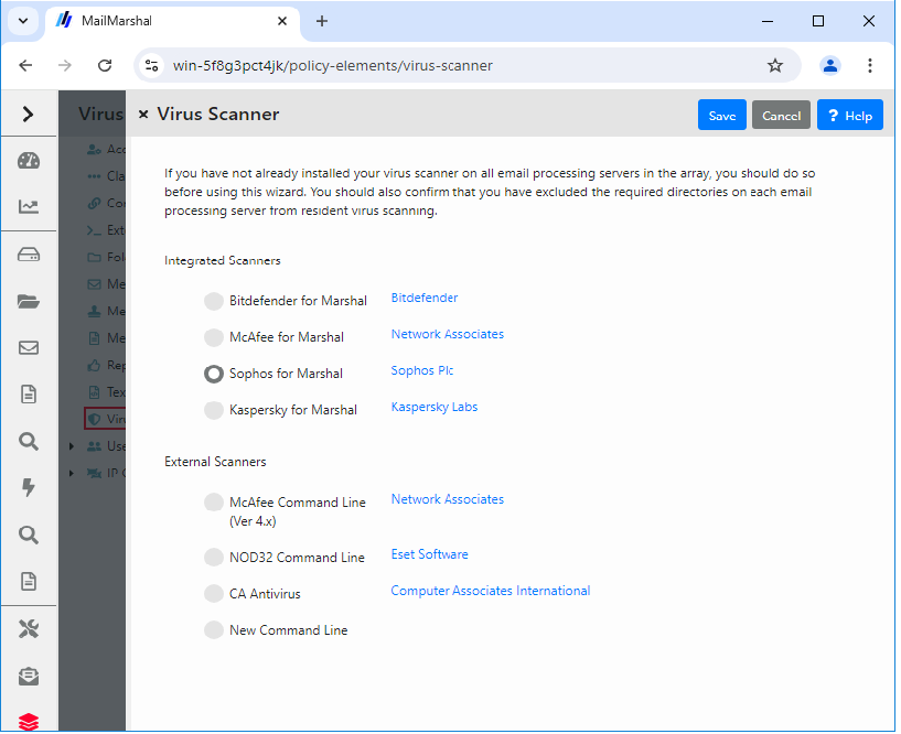 Virus Scanner window listing integrated and external scanners