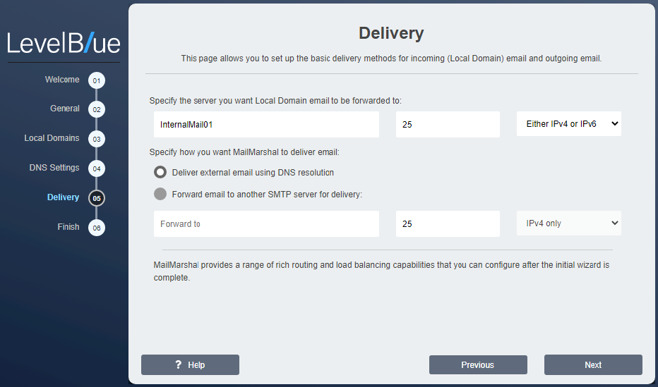 Configuration Wizard Delivery window with local domain forwarding server and outbound delivery options