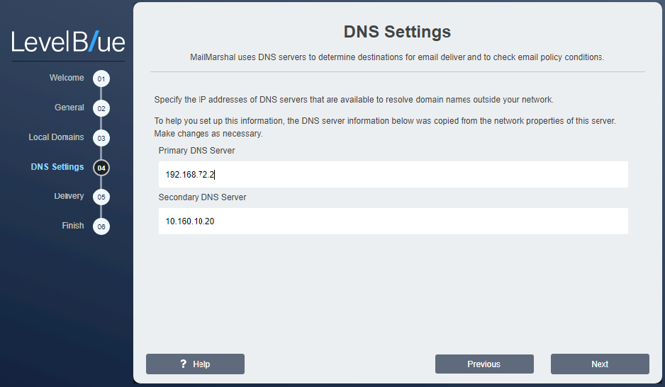 Configuration Wizard DNS Settings window with primary and secondary DNS server fields